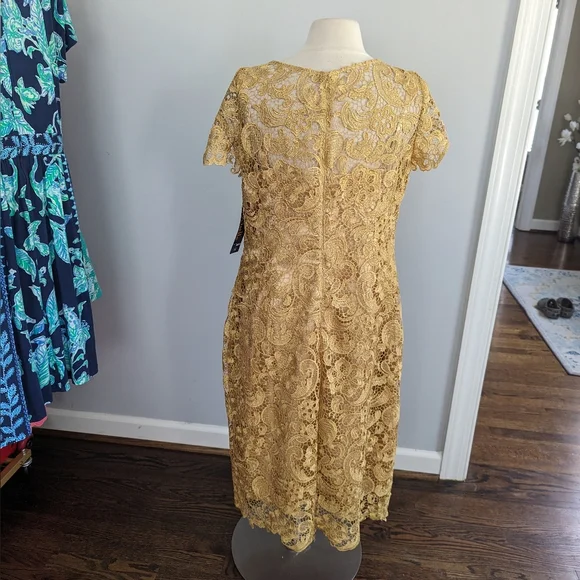 NEW Womens Nischelle Gold Lace Shift Dress 16 Style 2665 - Picture 1 of 4